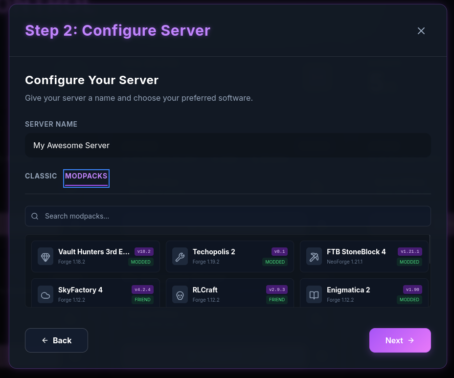 Server creation interface with configuration options and pricing preview