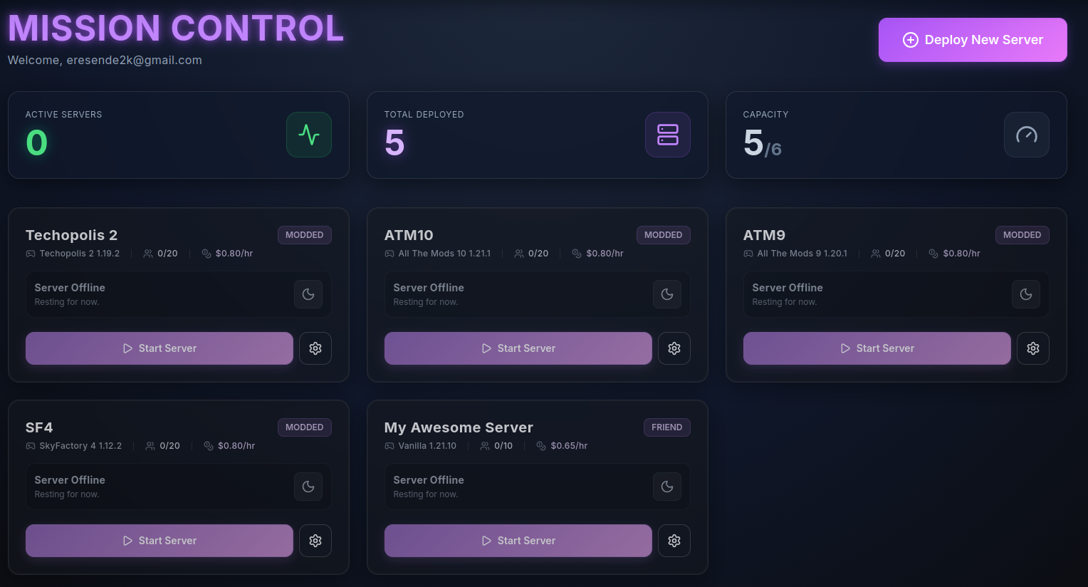 Server management dashboard showing multiple Minecraft servers with start/stop controls